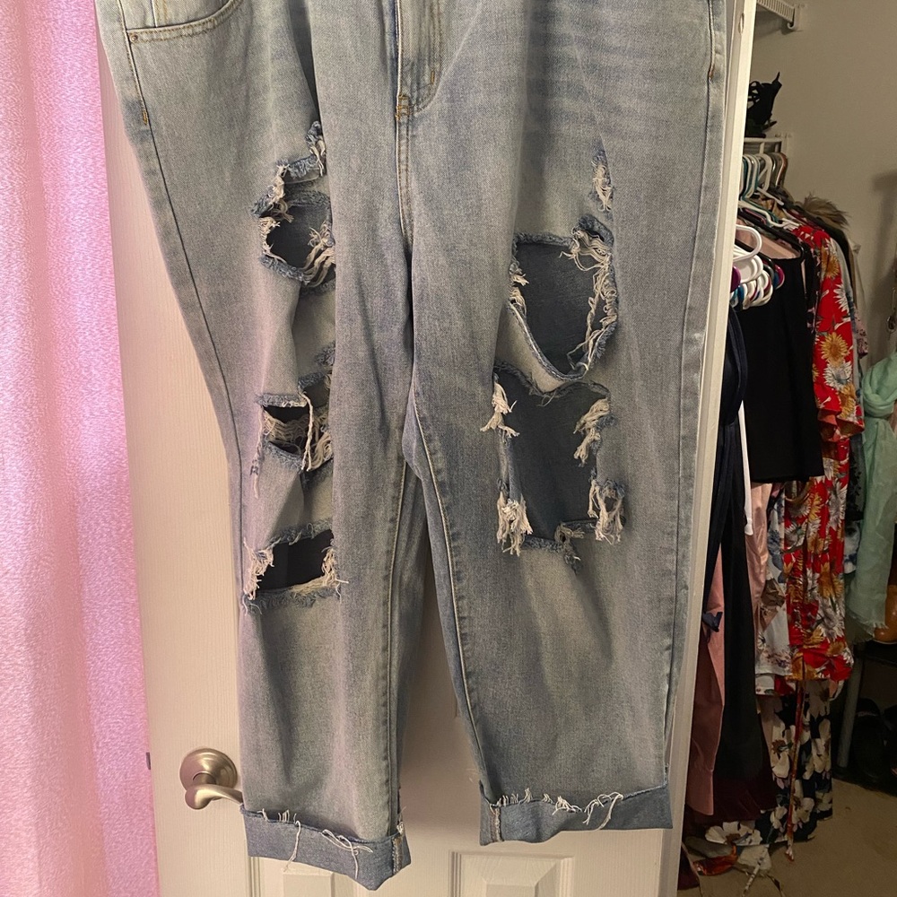 Plus light wash extreme distressed mom Jean
